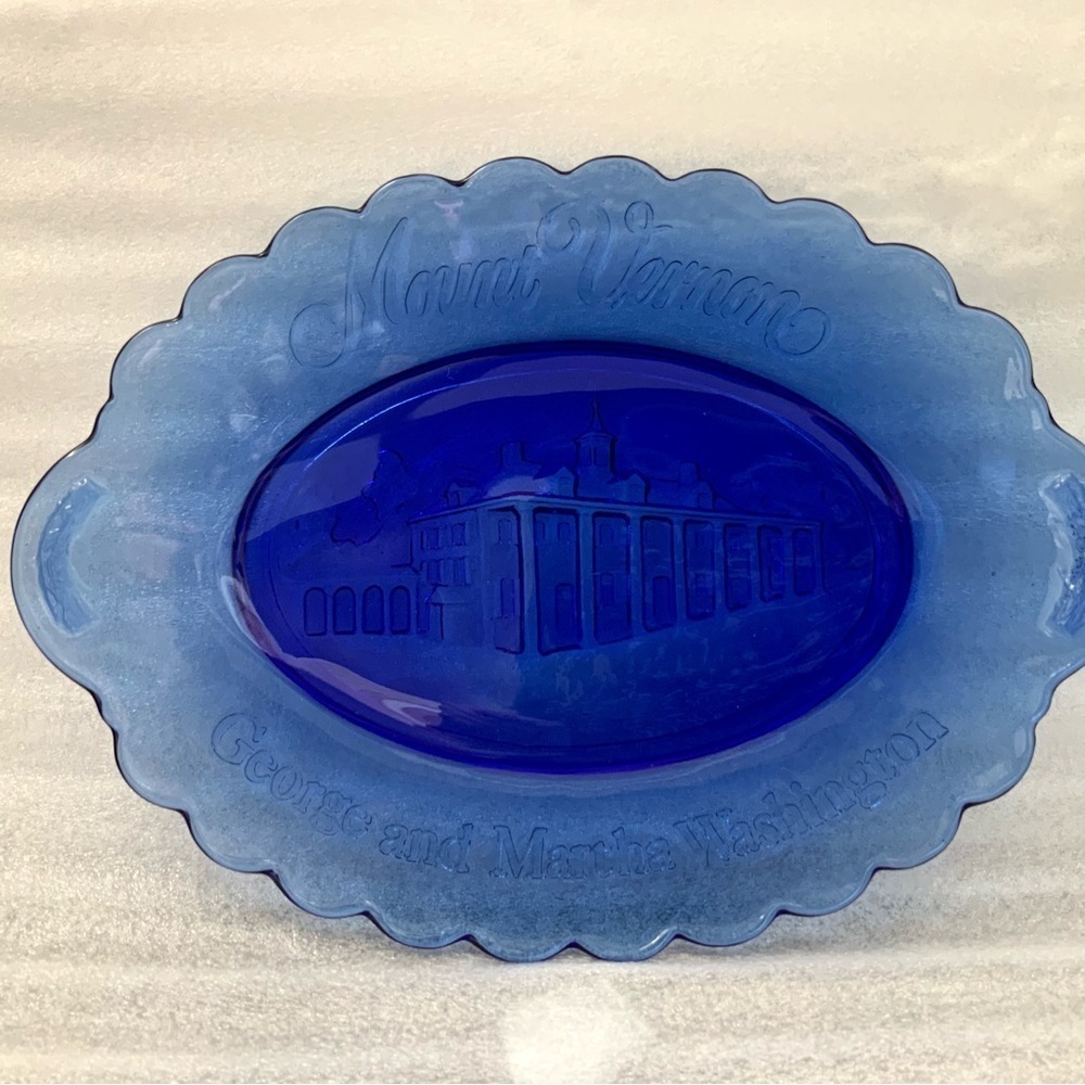 Vintage Fostoria Cobalt Blue Glass Platter George Washington Mt. Vernon Plate